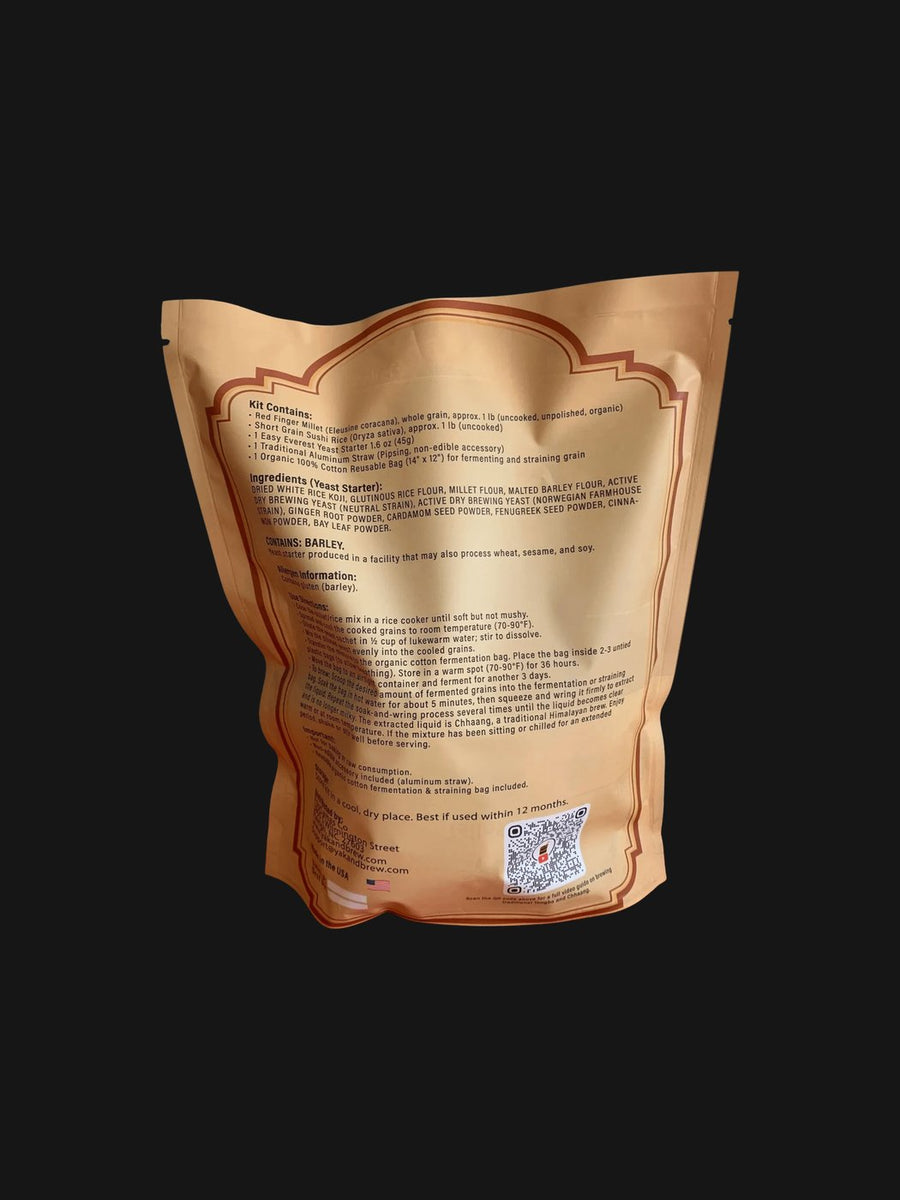 Back of the Chhaang DIY Kit pouch, Easy Everest Edition, with contents and brewing directions