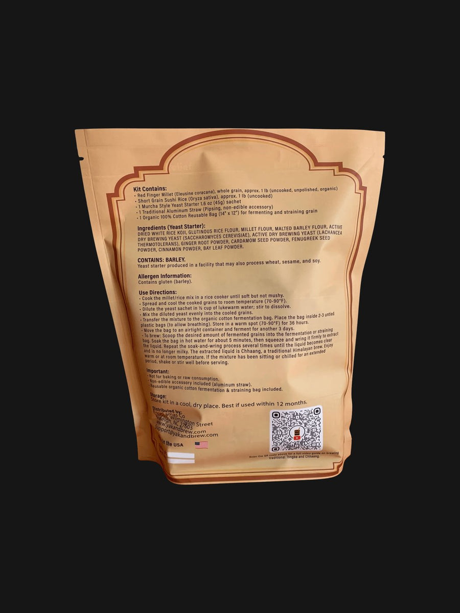 Back of the Chhaang DIY Kit pouch, Murcha Style, with contents and brewing directions