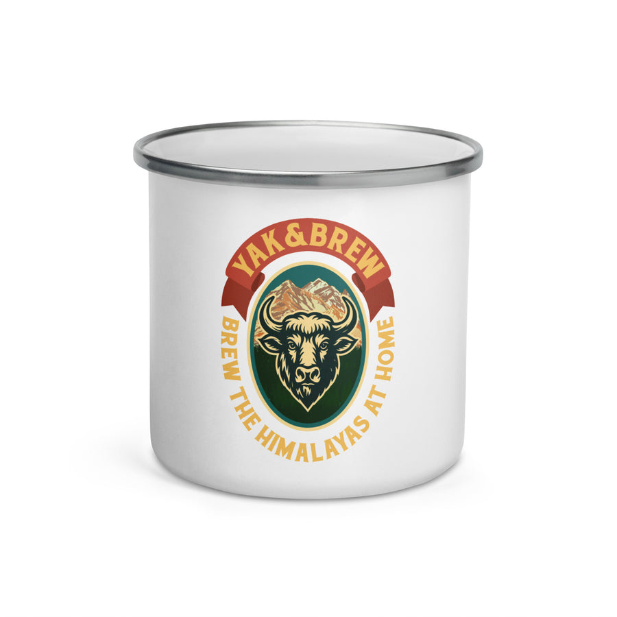 Yak&Brew Enamel Chhaang Mug in white, front view with the full Yak&Brew badge centered on the mug