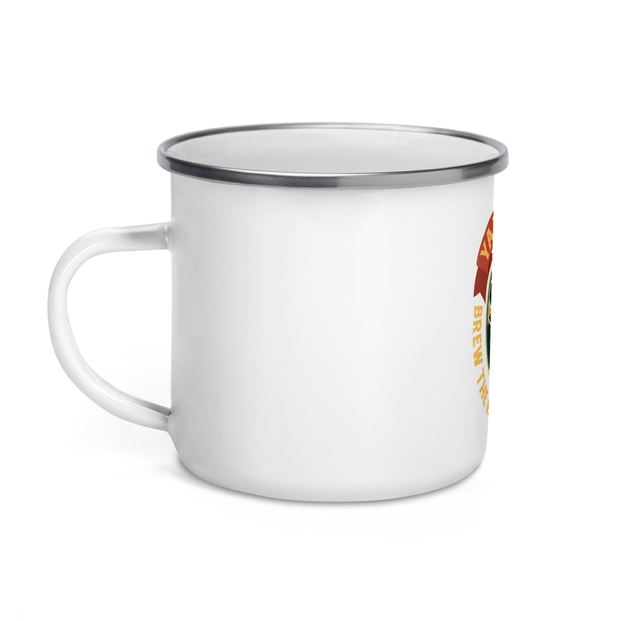 Yak&Brew Enamel Chhaang Mug angled view with the handle on the left and the badge wrapping toward the opposite face