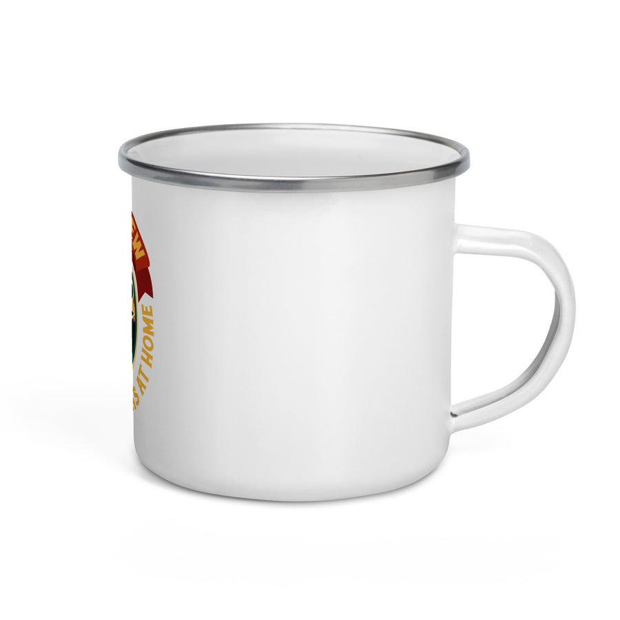 Yak&Brew Enamel Chhaang Mug angled view with the handle on the right and the badge wrapping toward the opposite face