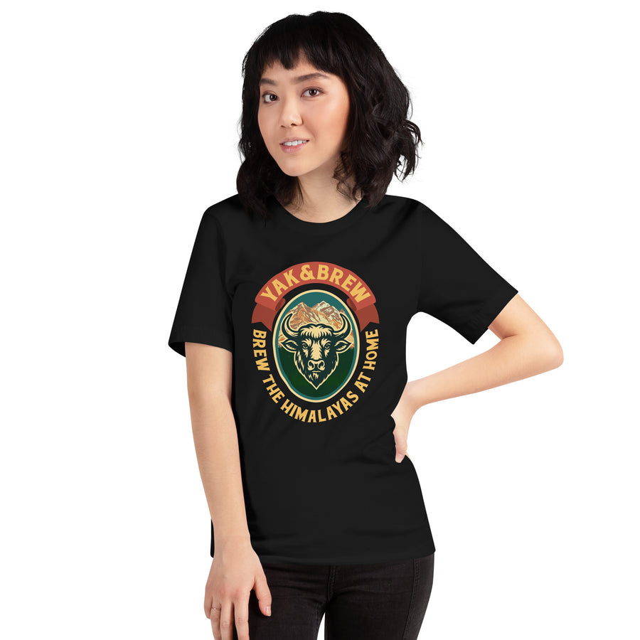 Woman wearing the Yak&Brew Badge T-Shirt in Black, front view
