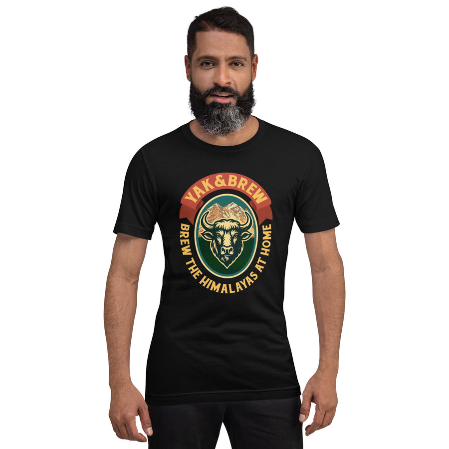 Man wearing the Yak&Brew Badge T-Shirt in Black, front view