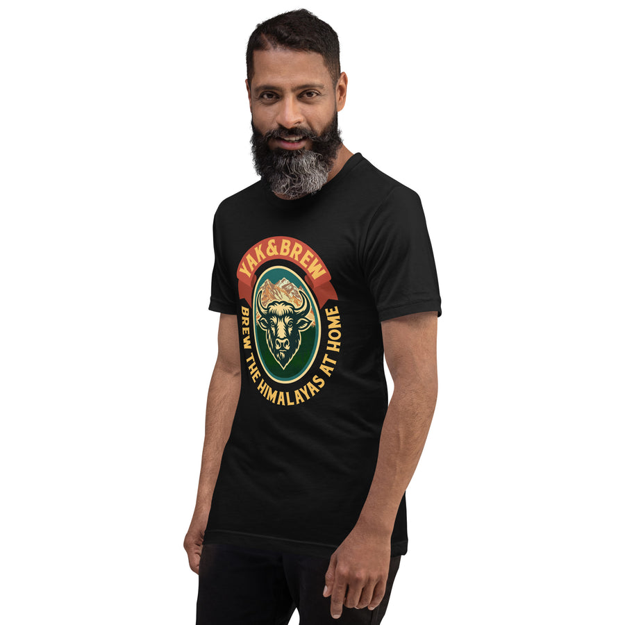 Man wearing the Yak&Brew Badge T-Shirt in Black, three-quarter view