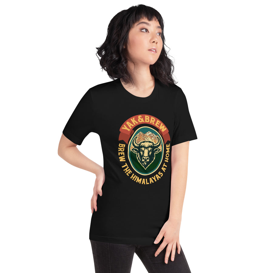 Woman wearing the Yak&Brew Badge T-Shirt in Black, three-quarter view