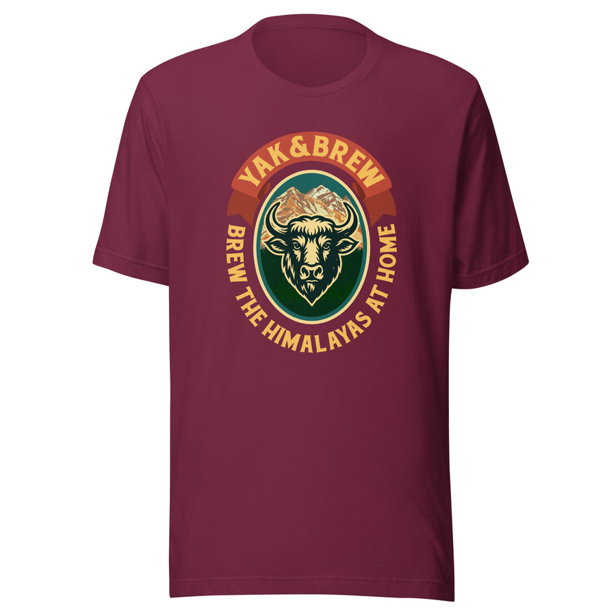 Yak&Brew Badge T-Shirt in Maroon, front view