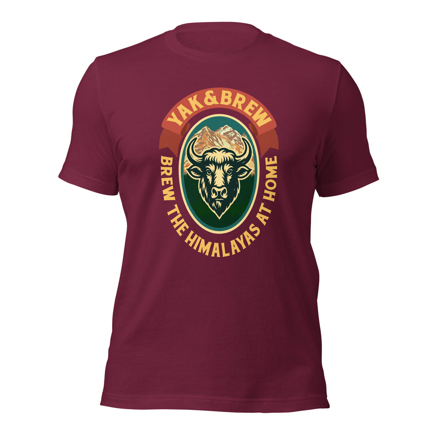 Yak&Brew Badge T-Shirt in Maroon, front view, closer crop