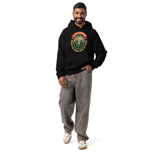 Man wearing the Yak&Brew Badge Hoodie in Black with the Yak&Brew badge on the front