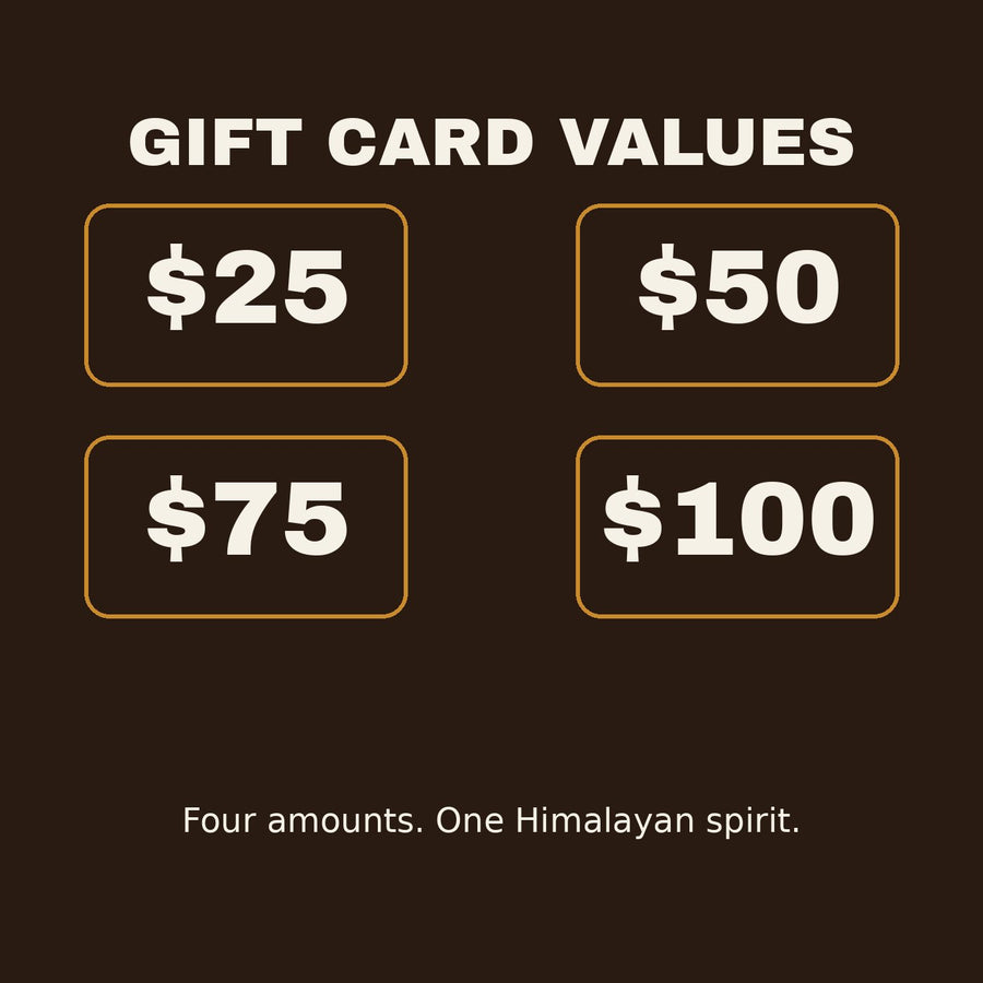 Yak&Brew Gift Card amounts: $25, $50, $75, and $100